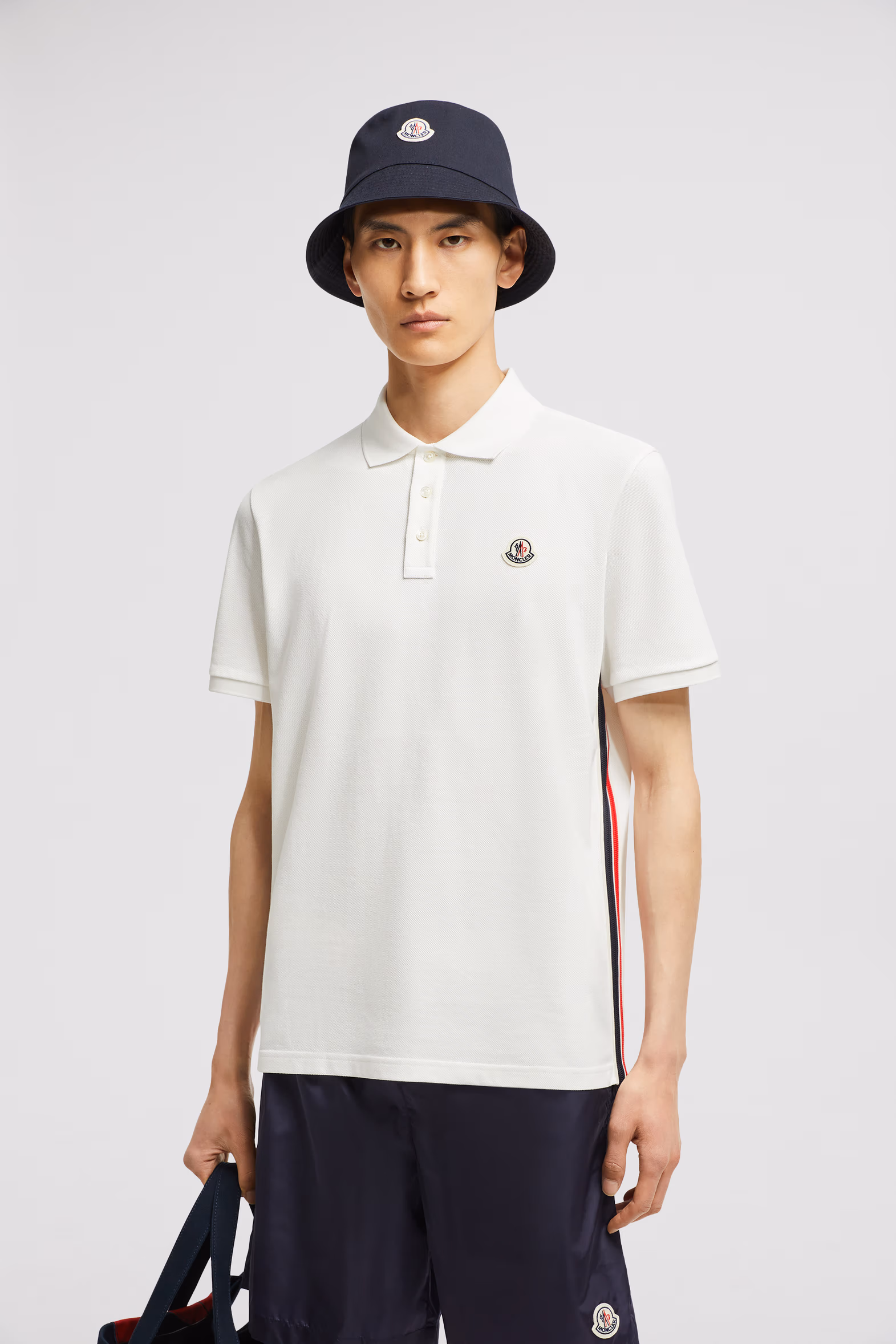 Striped Accent Cotton Piquet Polo Shirt Men White Moncler 0